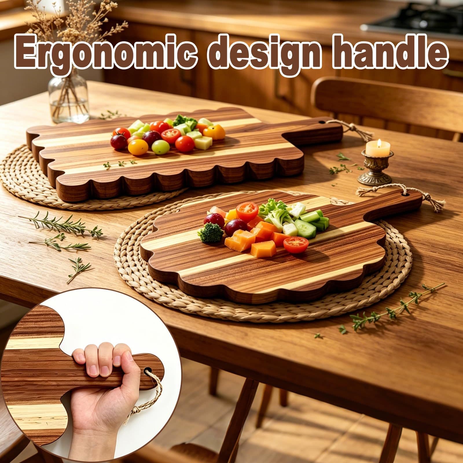 Wooden Wave-Edge Cutting Board with Handle, Solid Wood Tray, Kitchen Cheese and Deli Cutting Board, Household Serving Tray