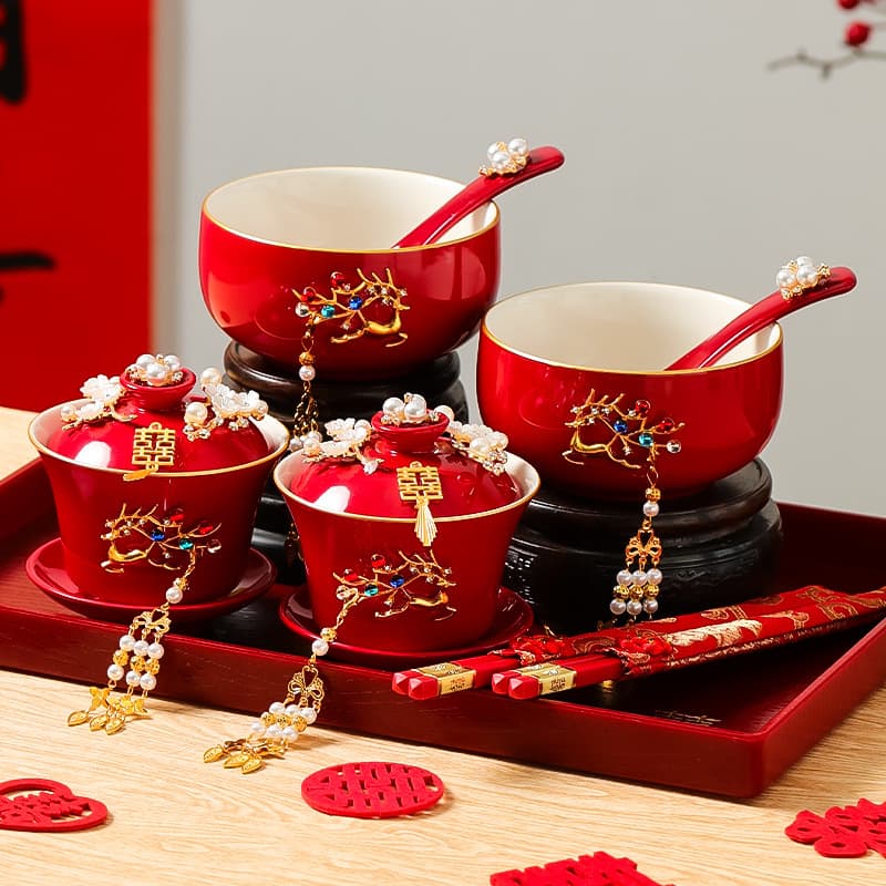 Complete Wedding Tea Ceremony Set with Red Bowls and Chopsticks, Addressing Parents and Toasting Essentials