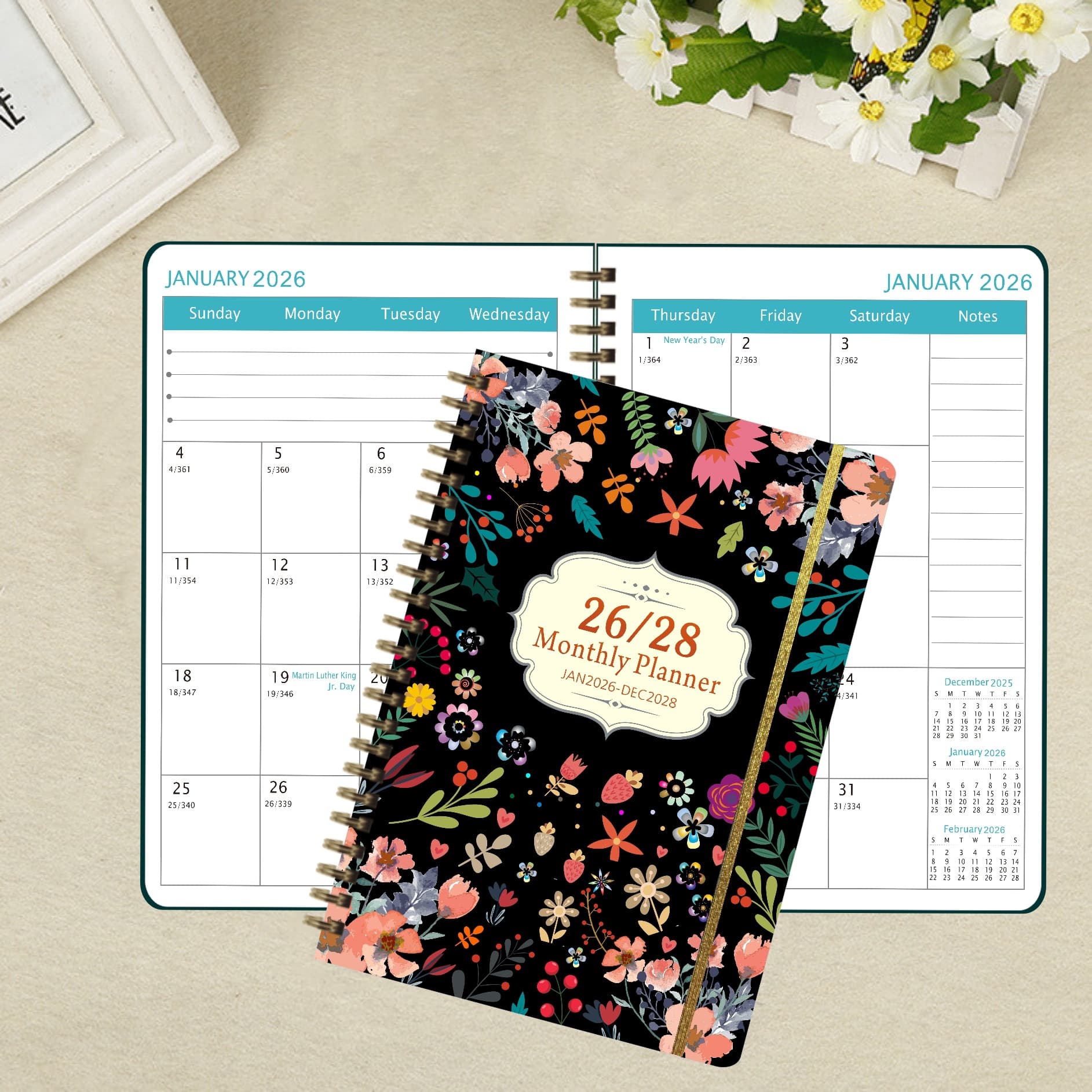 Cross-border new design 2026-2028 schedule books, spiral-bound English office notepads, elastic strap English binding planners