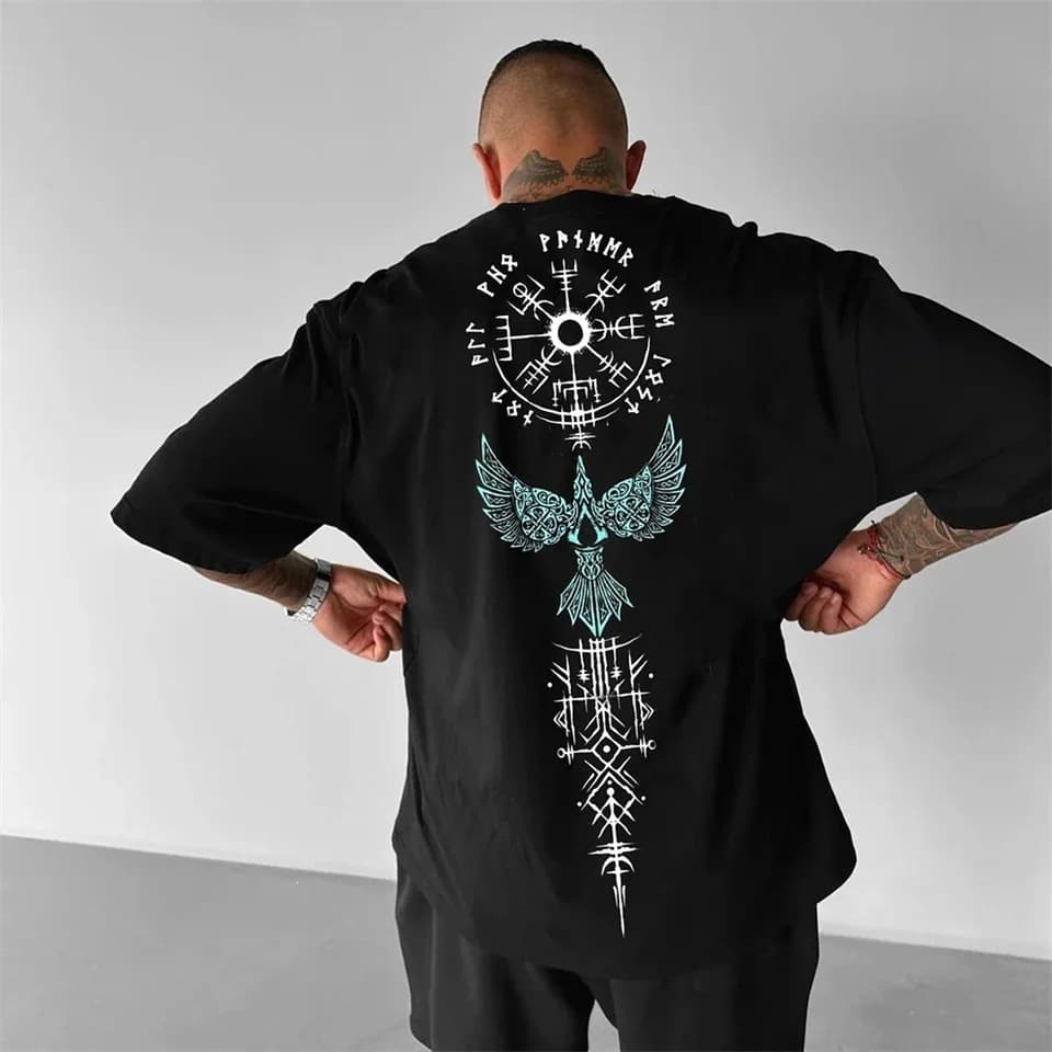 Cross-border Pure Cotton Short Sleeve T-Shirt Street Style Graphic Summer Ethnic Pattern Men's Short Sleeve T-Shirt