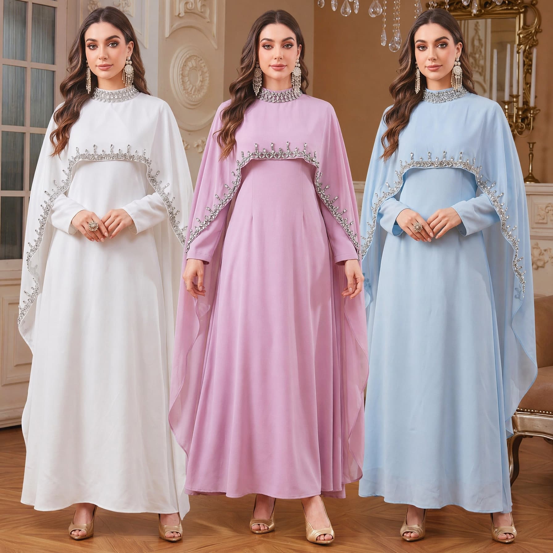 A001 Cross-Border Women's Fashion Elegant Heavy Luxury Rhinestone Dress Cape Two-Piece Set Dress Foreign Trade Stock
