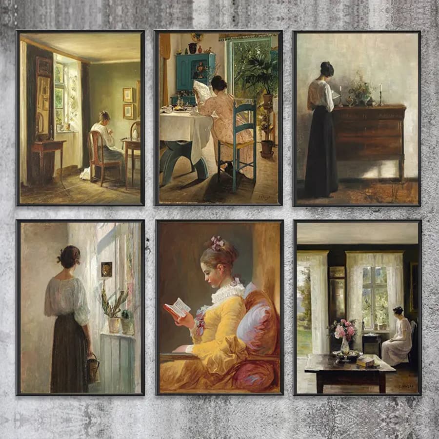 European classical oil painting combination, American sofa background hanging painting, French niche retro high-end living room decoration painting