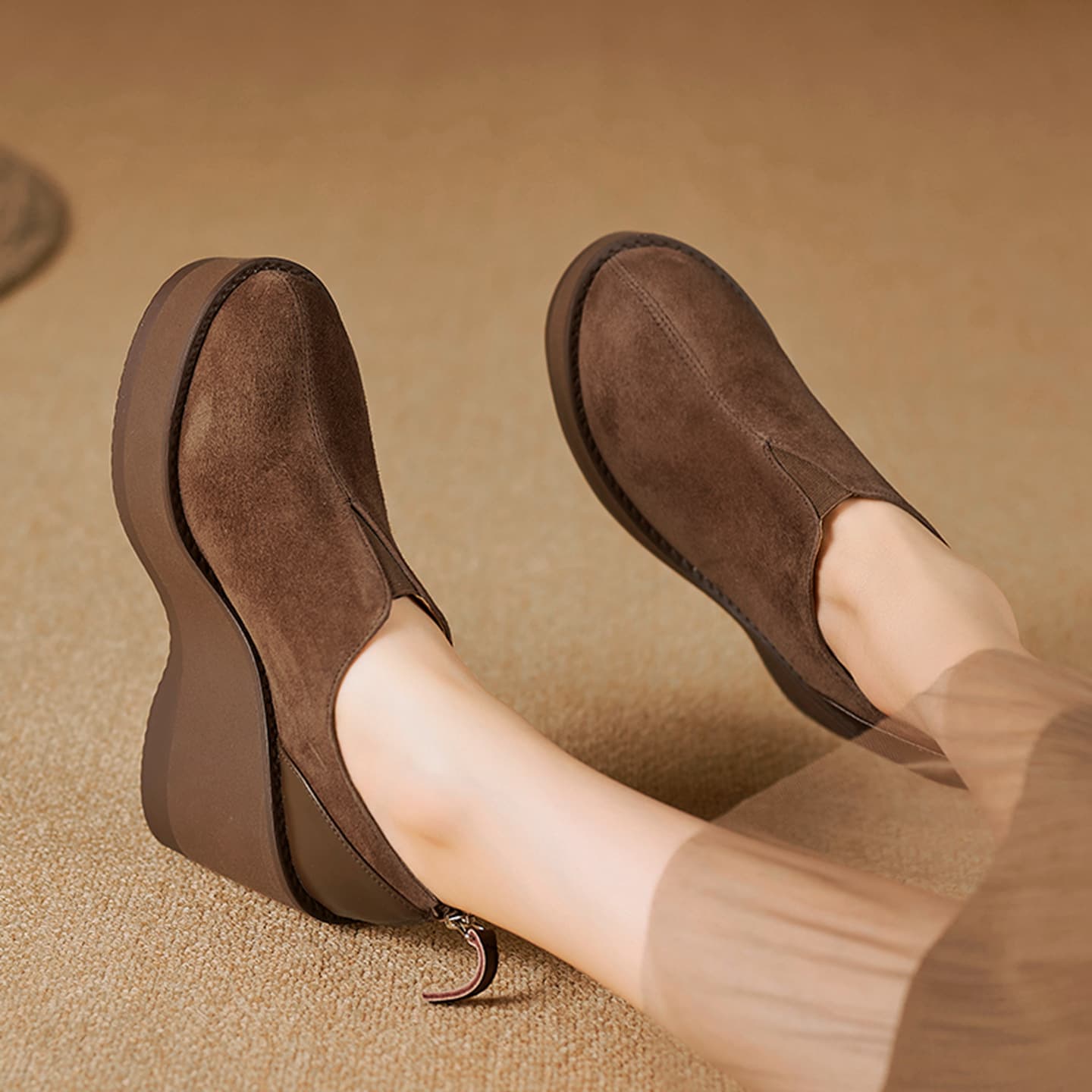 9cm high heels 2026 spring and autumn platform shoes for women thick-soled nubuck leather retro small leather shoes wedge heel deep mouth single shoes