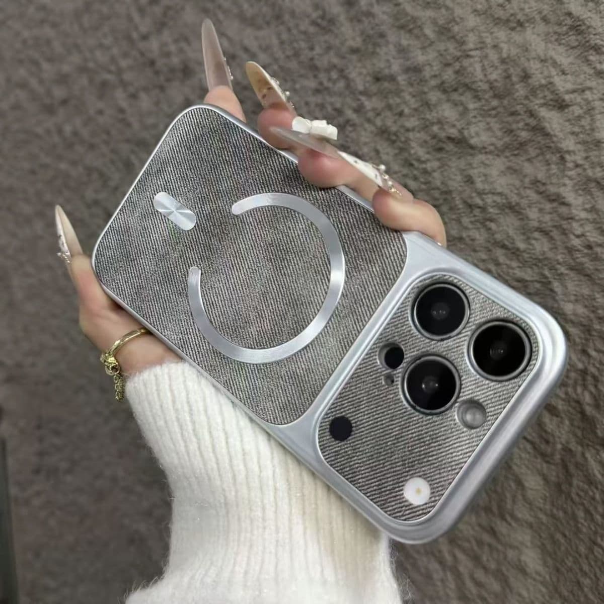Stylish Halo Ring Denim Texture Phone Case for Apple 17 Large Window, 16 Pro Max Magnetic, 15 Light Luxury, 14 New, 13