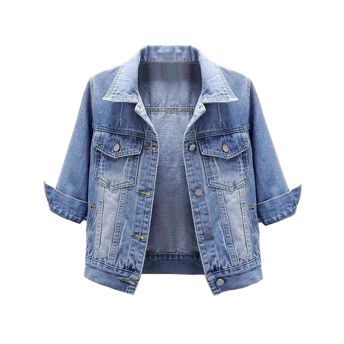Factory Direct Women's Cropped Color Denim Jacket 3/4 Sleeve Light Wash Denim Jacket Trucker Coat