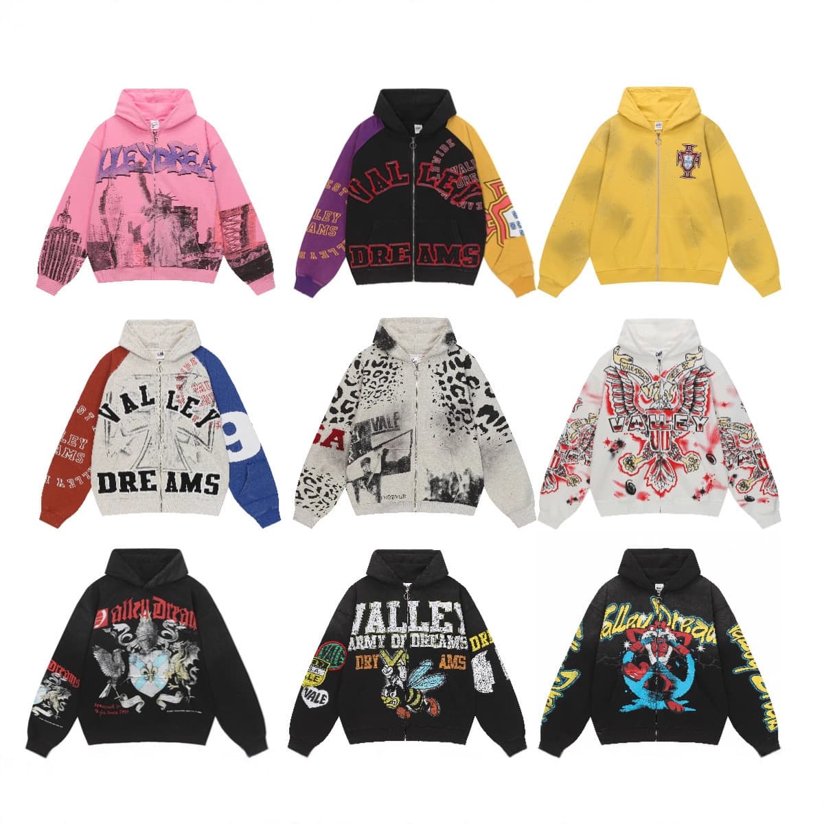 VALE New Streetwear Hip-Hop American Washed Vintage Pure Cotton Hoodie 3D Print Trendy Jacket