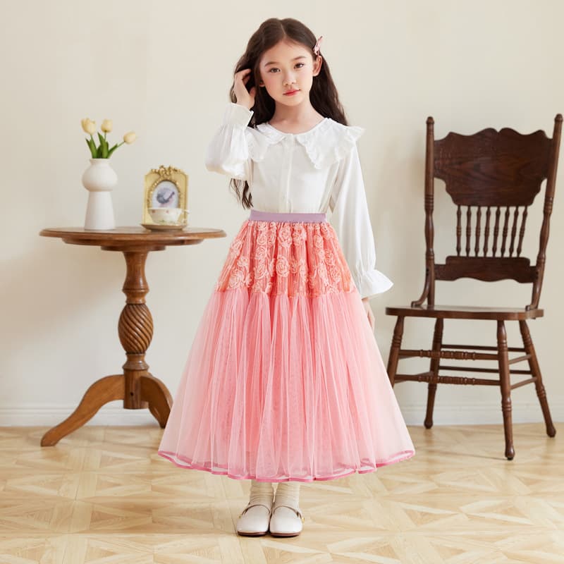 Girls' 3D Flower Tulle Skirt, Half Skirt for Girls, Mid-Length Fairy Skirt, A-Line Full Tulle Skirt