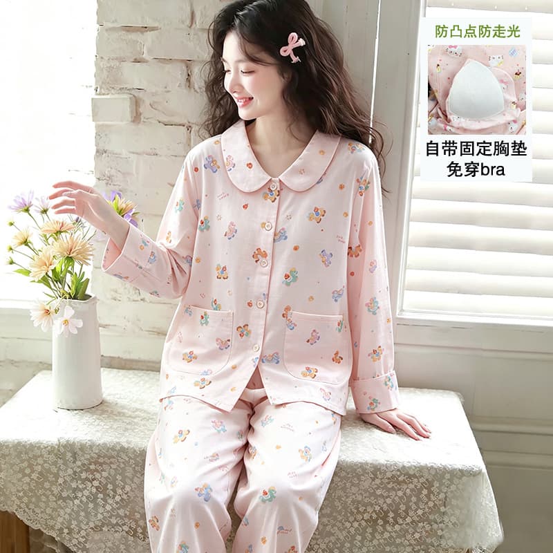 Built-in Bra Cotton Double-Layer Gauze Spring/Autumn Women's Pajamas, Pure Cotton Long-Sleeve Homewear, Cute Cardigan Set