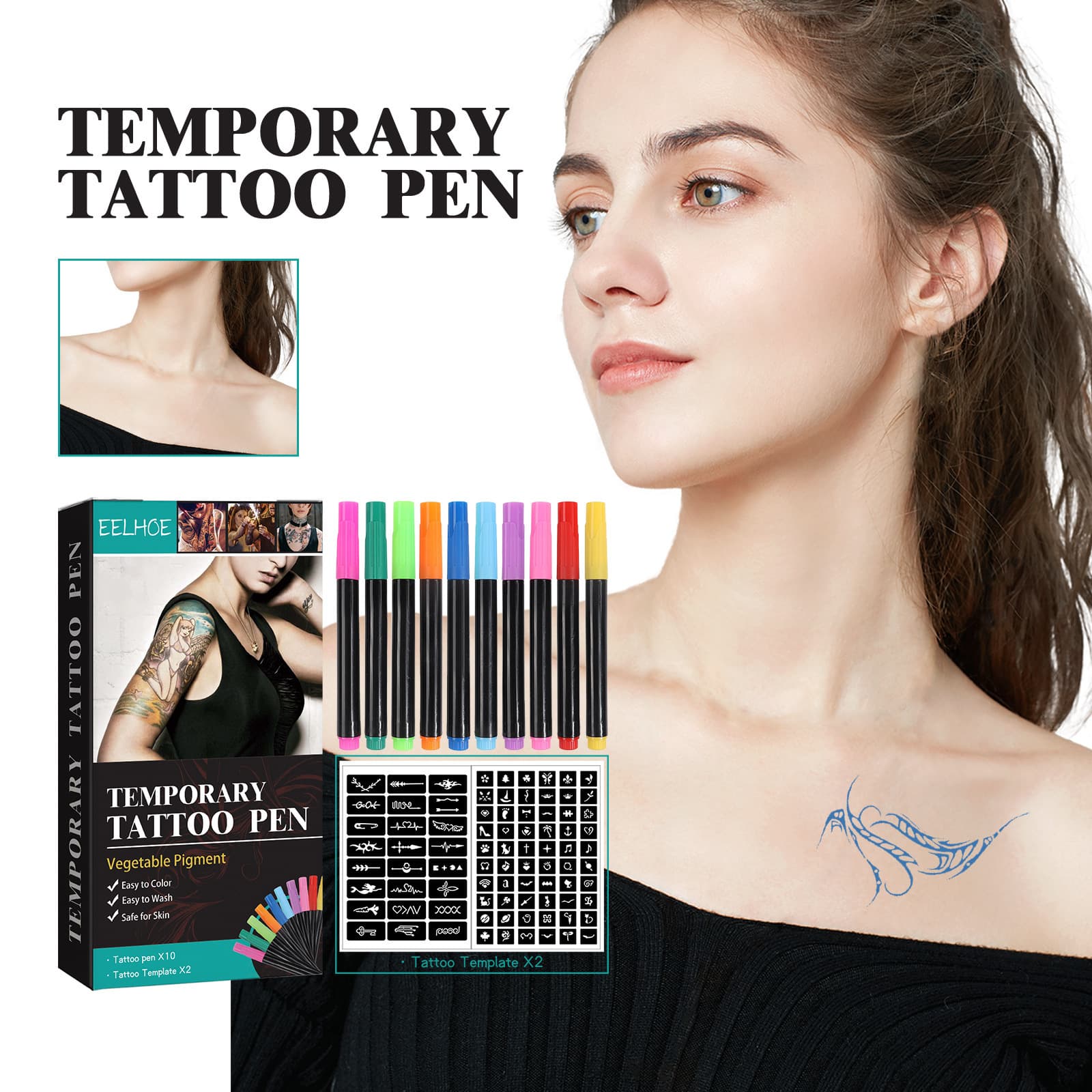 EELHOE Temporary Tattoo Pen Set for Face, Arms, and Body - Multi-Color DIY Body Art Makeup Graffiti Decorative Tattoos