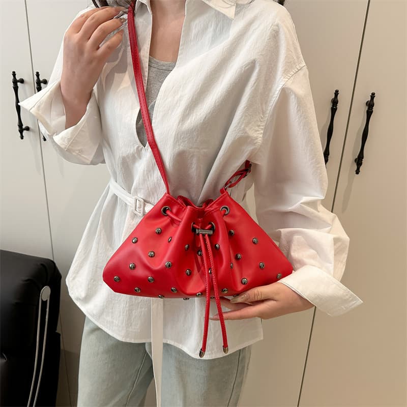 2025 Autumn New Trendy Fashion Rivets Western Style Simple Versatile Casual Portable One-Shoulder Tote Drawstring Women's Bag