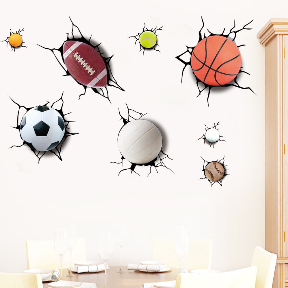 Simulated 3D Breaking Wall Soccer Basketball Cartoon Wall Sticker for Bedroom Kids Room Background Decorative Wallpaper