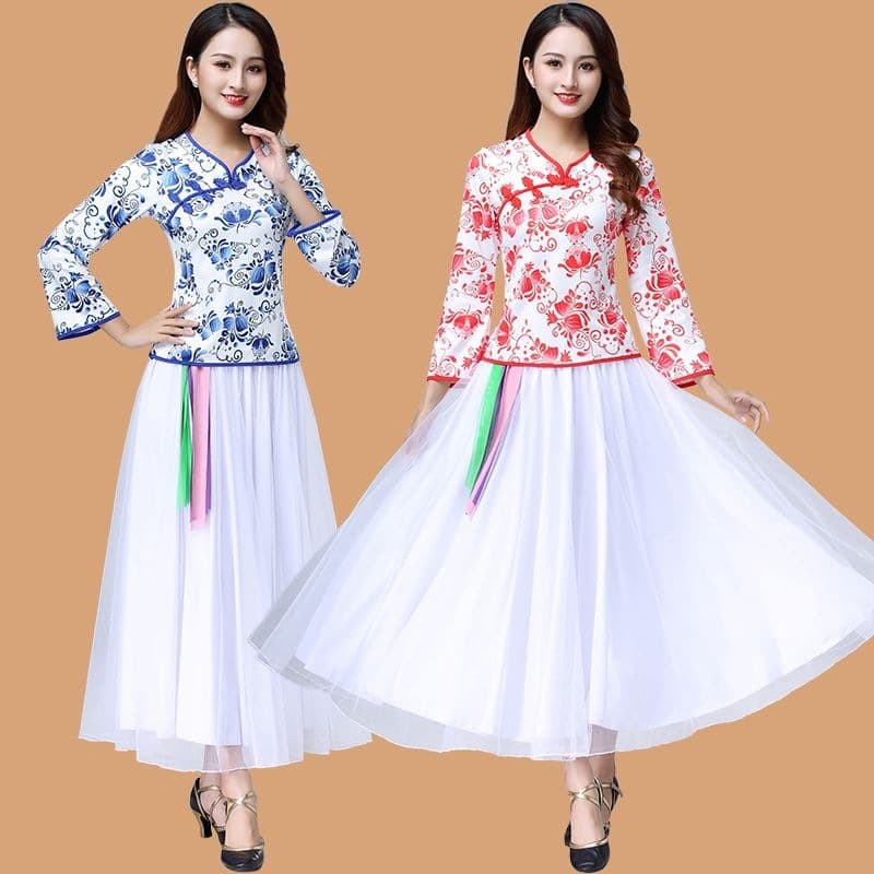 Blue and White Porcelain Dance Costume New Square Dance Outfit Ethnic Style Women's Cheongsam Collar Long Sleeve Spring and Summer Practice Dance Top