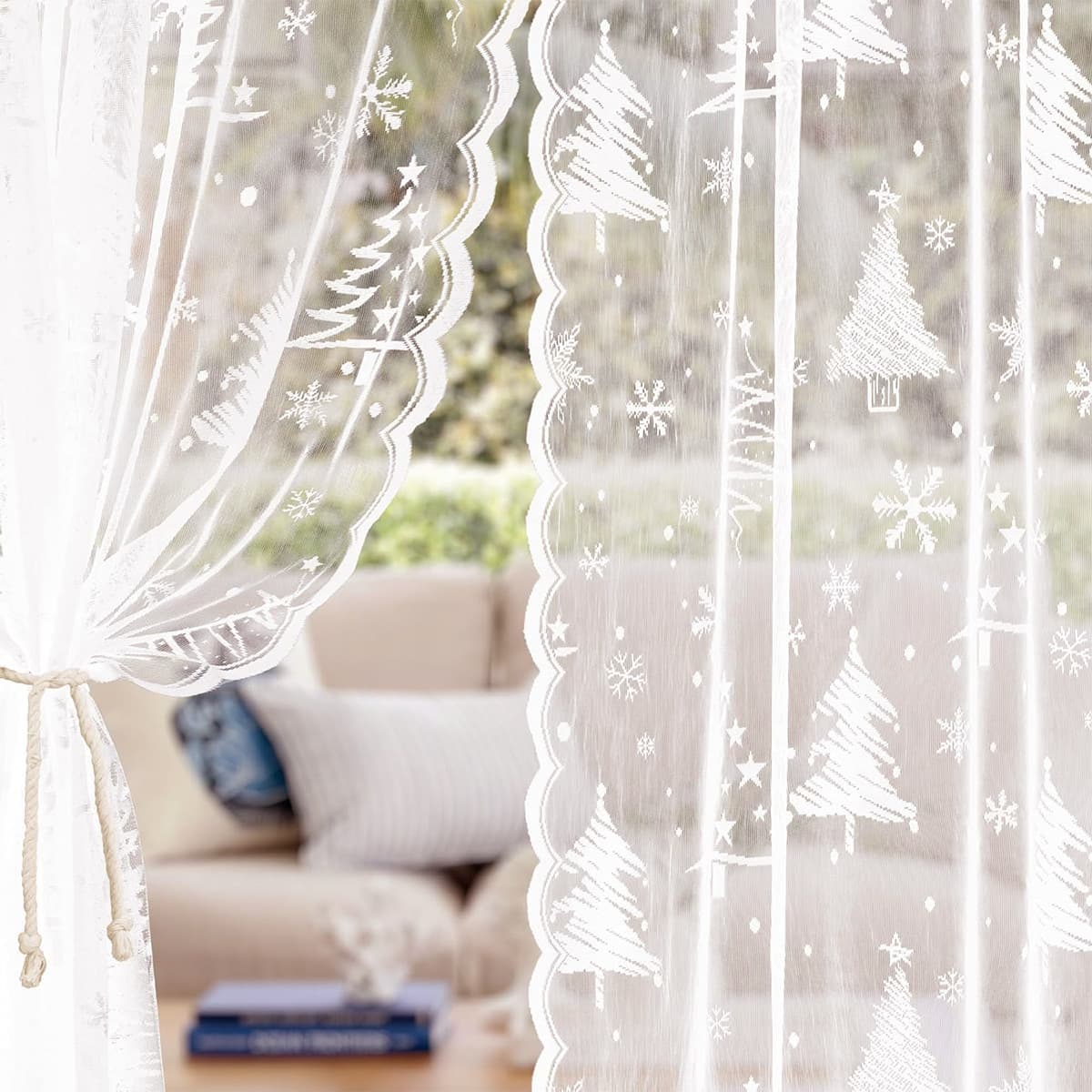 Warp-Knit Fabric Direct from Manufacturer, Gold-Edged Ice Flower Christmas Tree Sheer Curtain Material, 115gsm 150cm Light-Filtering