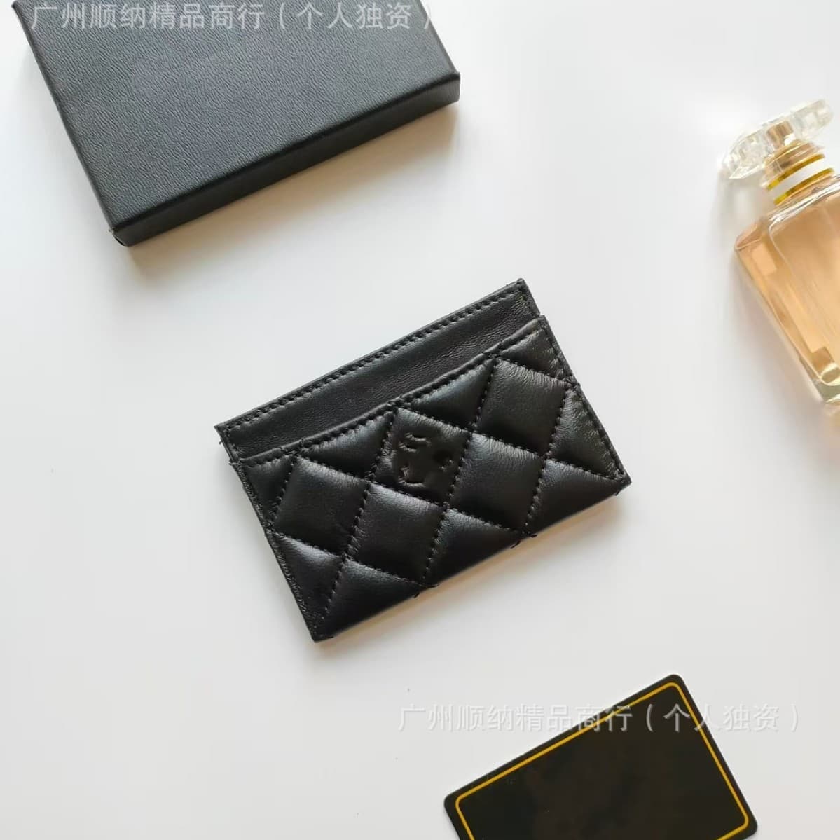 Genuine Leather Chanel-Style Card Holder Diamond Quilted Slim CF Caviar Lambskin Card Case Classic