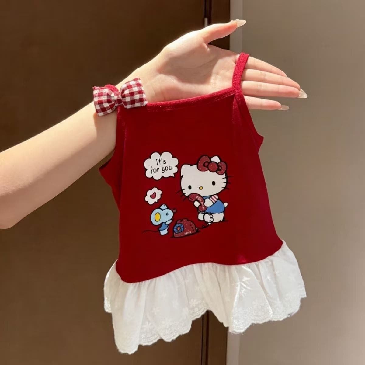 Summer Korean style girls helloKitty camisole children's baby style splicing lace sleeveless top
