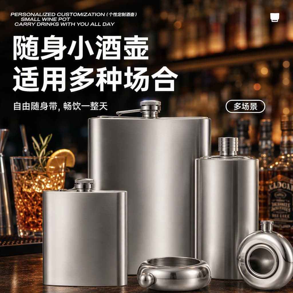 Cross-border stainless steel hip flask, multiple styles, portable small flask, outdoor liquor bottle, personal drinking vessel, white spirit bottle wholesale