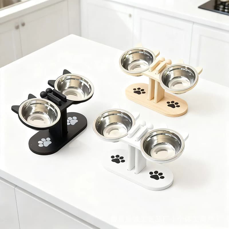 Cross-border spot cat bowl rack, wooden adjustable pet bowl rack with slanted neck protector, pet feeder, dog food bowl, dining table.