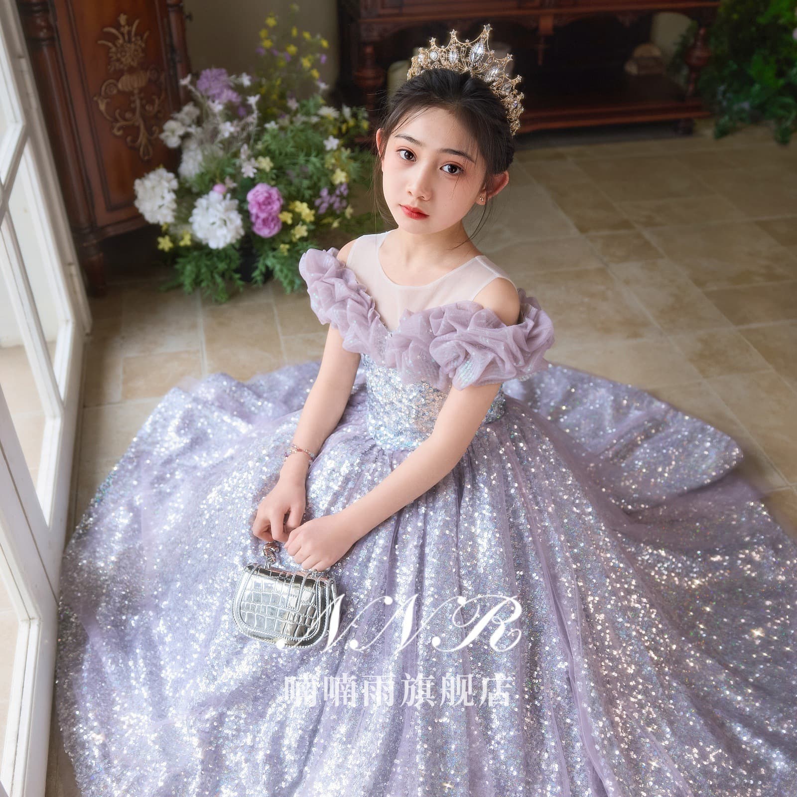 Girls' Evening Gown Purple High-End Luxury Unique Host Girl Princess Dress Children's Piano Performance Outfit