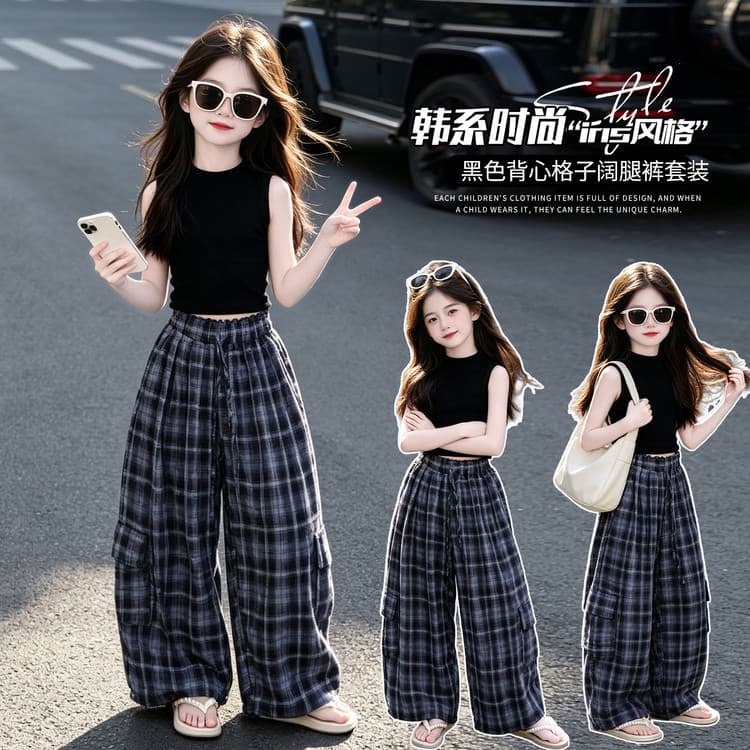 Girls Summer Plaid Wide Leg Pants Set 2026 New Thin Breathable Anti-Mosquito Pants Trendy Brand Casual Style Two-Piece Set