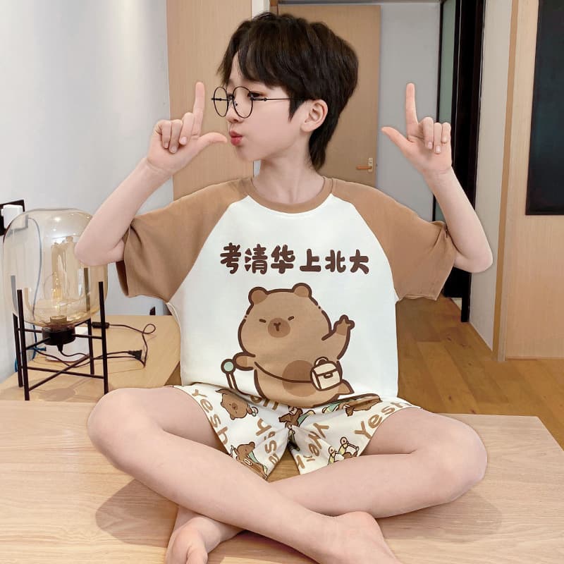 Boys' Summer Pajamas Short Sleeve Thin Cotton 100% Cotton New 2025 for Teenagers Middle School Students