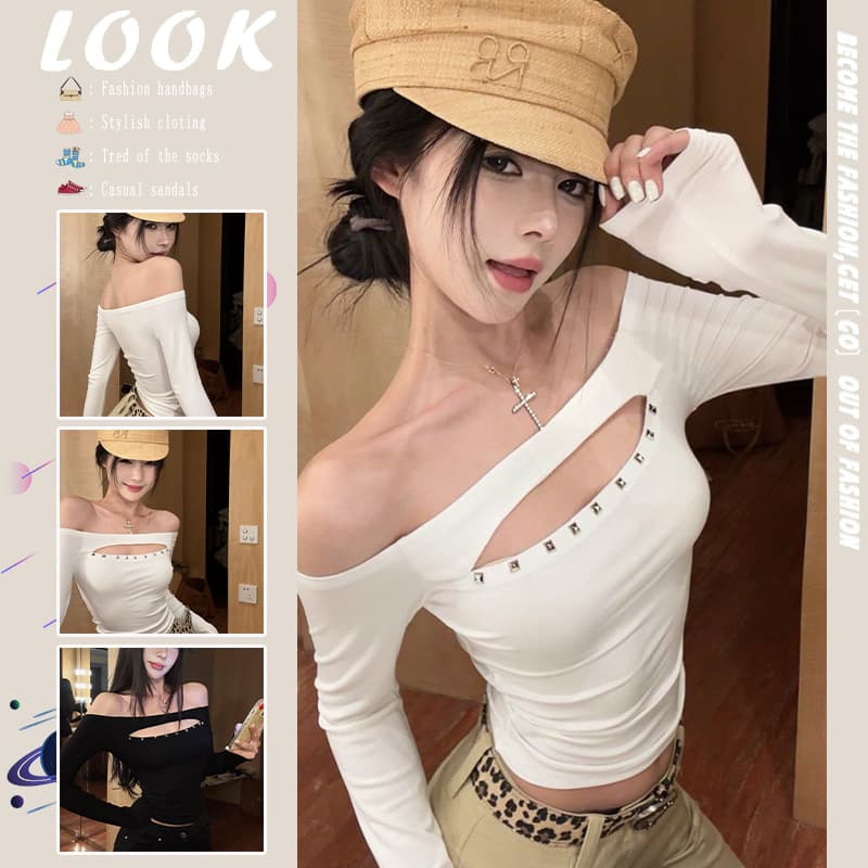 2026 Spring and Fall New Sweet and Spicy Style Studded Cutout Long-Sleeve T-Shirt for Women, Slimming Bodycon Design, Elegant Top