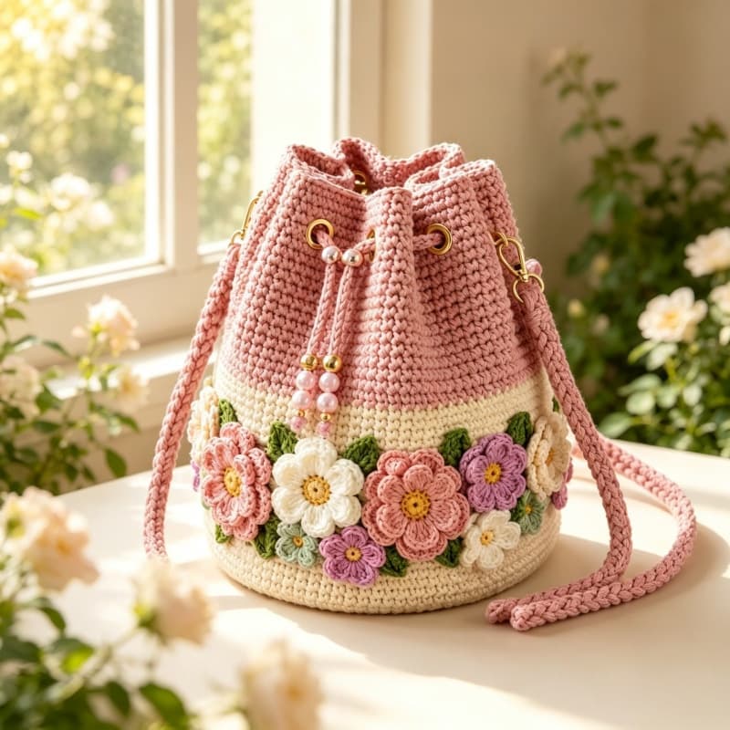New Cross-Border Bloom Garden Crochet Flower Bucket Bag