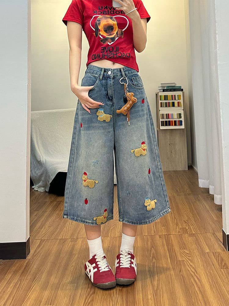 American Retro Dog Embroidery Cropped Jeans for Women Summer 2026 New Over-the-Knee Mid-Length Loose 7/8 Shorts