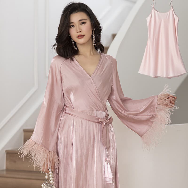 Sexy Pink Feather Morning Robe Women Bride Wedding Spring/Autumn/Summer French Wedding High-end Bridesmaid Sleep Robe Two-piece Set