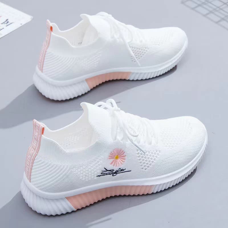 Breathable Casual Women's Sneakers Summer Fly Knit Versatile Student Flat Heel Low Top Canvas Shoes Floral Design Sport Shoes