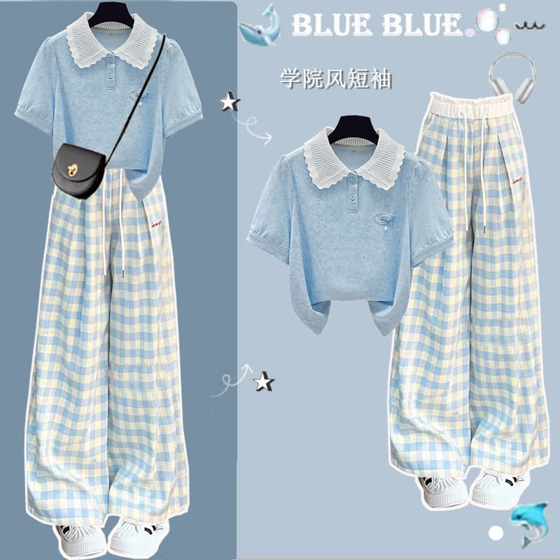 Korean-style Relaxed Fit Set New Summer Collection for Ages 10-18 Pretty Blouse Teen Student High-Waist Plaid Pants