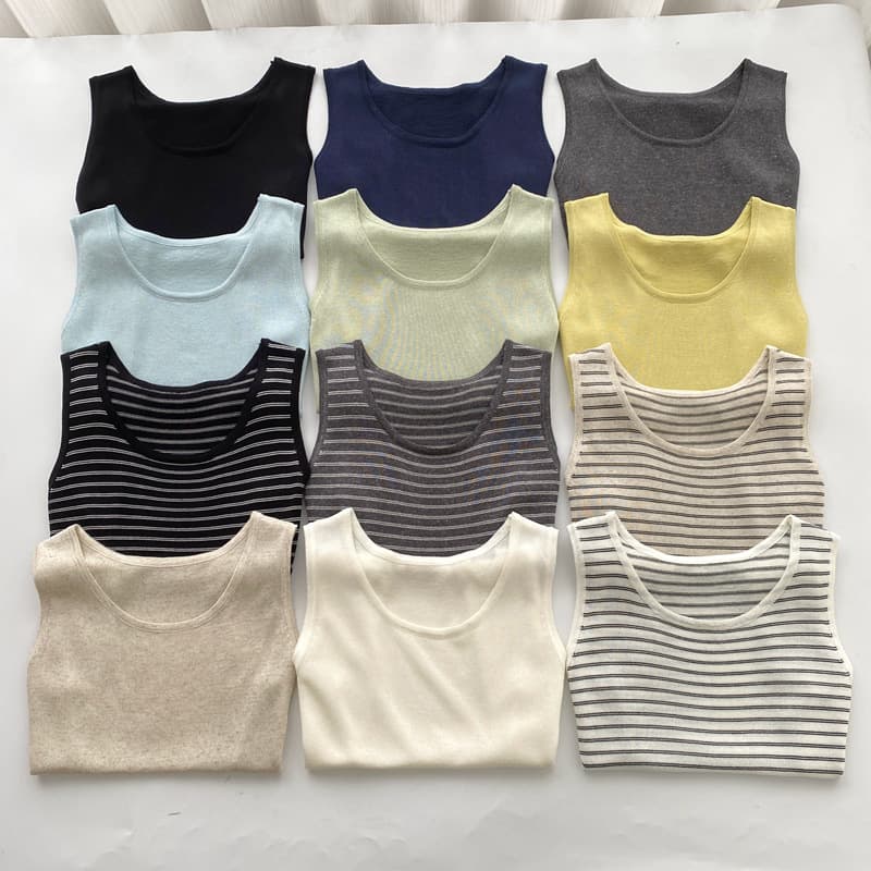 2026 Summer New Korean Style U-Neck Thin Linen Knit Vest Sleeveless Camisole Top for Women 2985