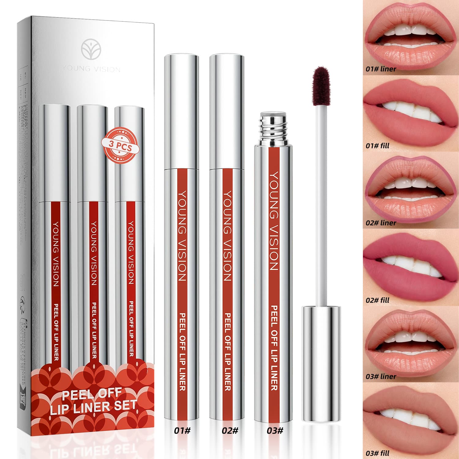 YOUNG VISION 3-piece peel-off lip liner, peel-off lip liner, matte color that is not easy to smudge and line the lips