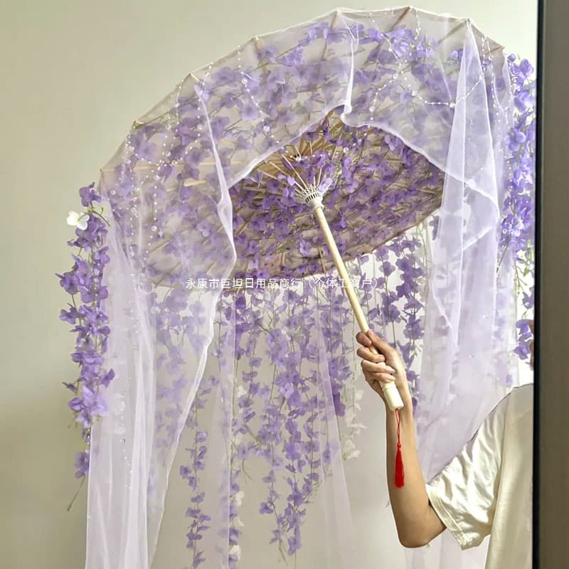 Ancient-style umbrella for cosplay fashion shows, Hanfu and Chinese-style photography prop, floral oil-paper umbrella with tassels and vine DIY material kit.