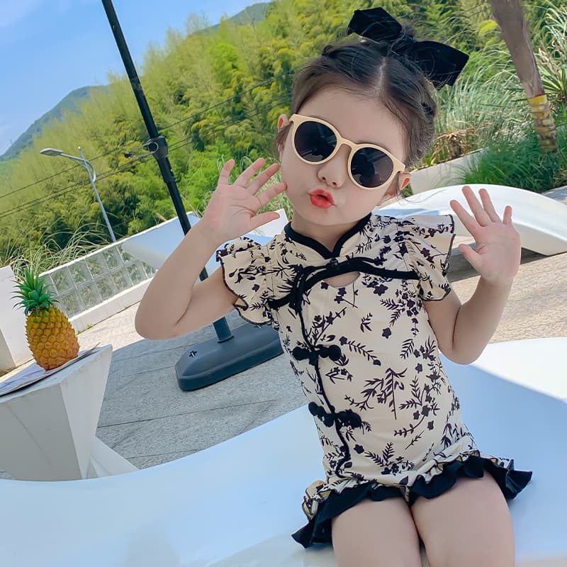 Girls' Swimsuit Summer 2024 New Baby Girl Chinese Style Print Swimsuit, Viral Girl One-Piece Swimwear