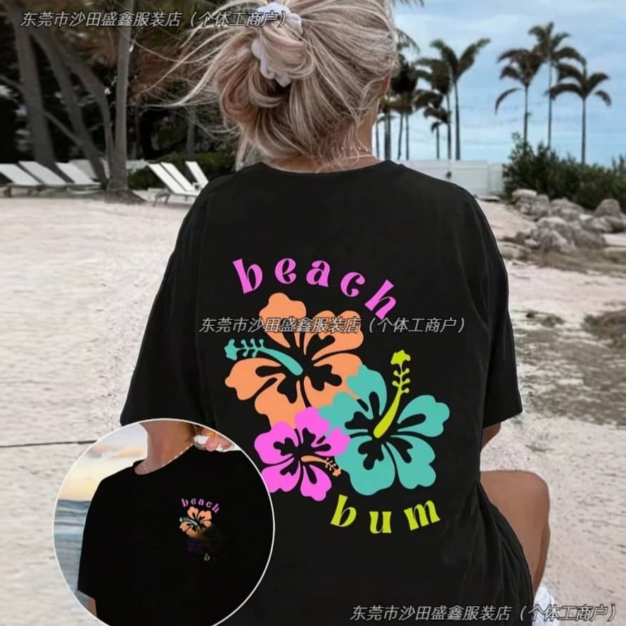 SHEIN Summer Couple Short-Sleeve T-Shirt Round Neck Printed Letter Cotton Top Foreign Trade Factory Stock Bulk