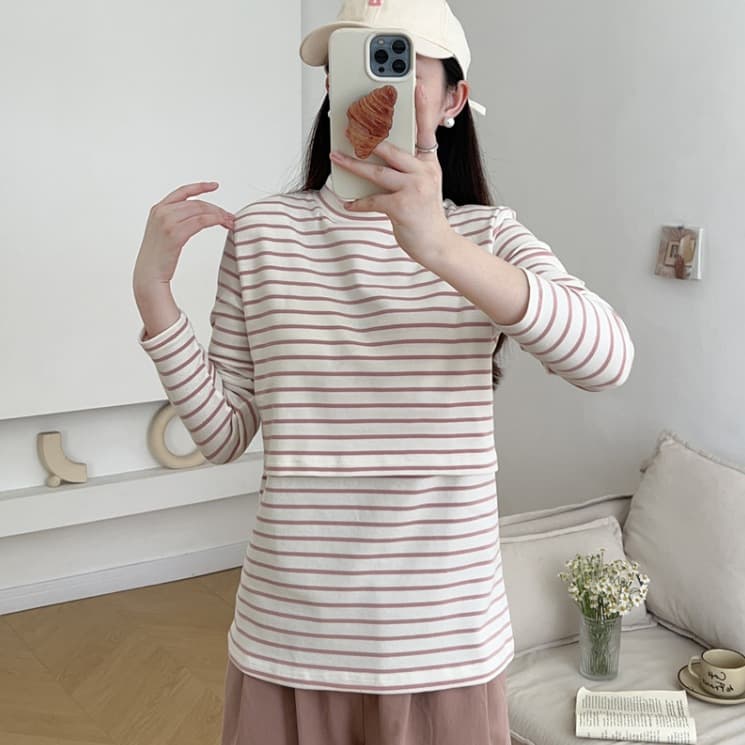 New Long-Sleeve Striped Half-Turtleneck Nursing Top for Spring and Autumn, Style 9271 Home Maternity Wear