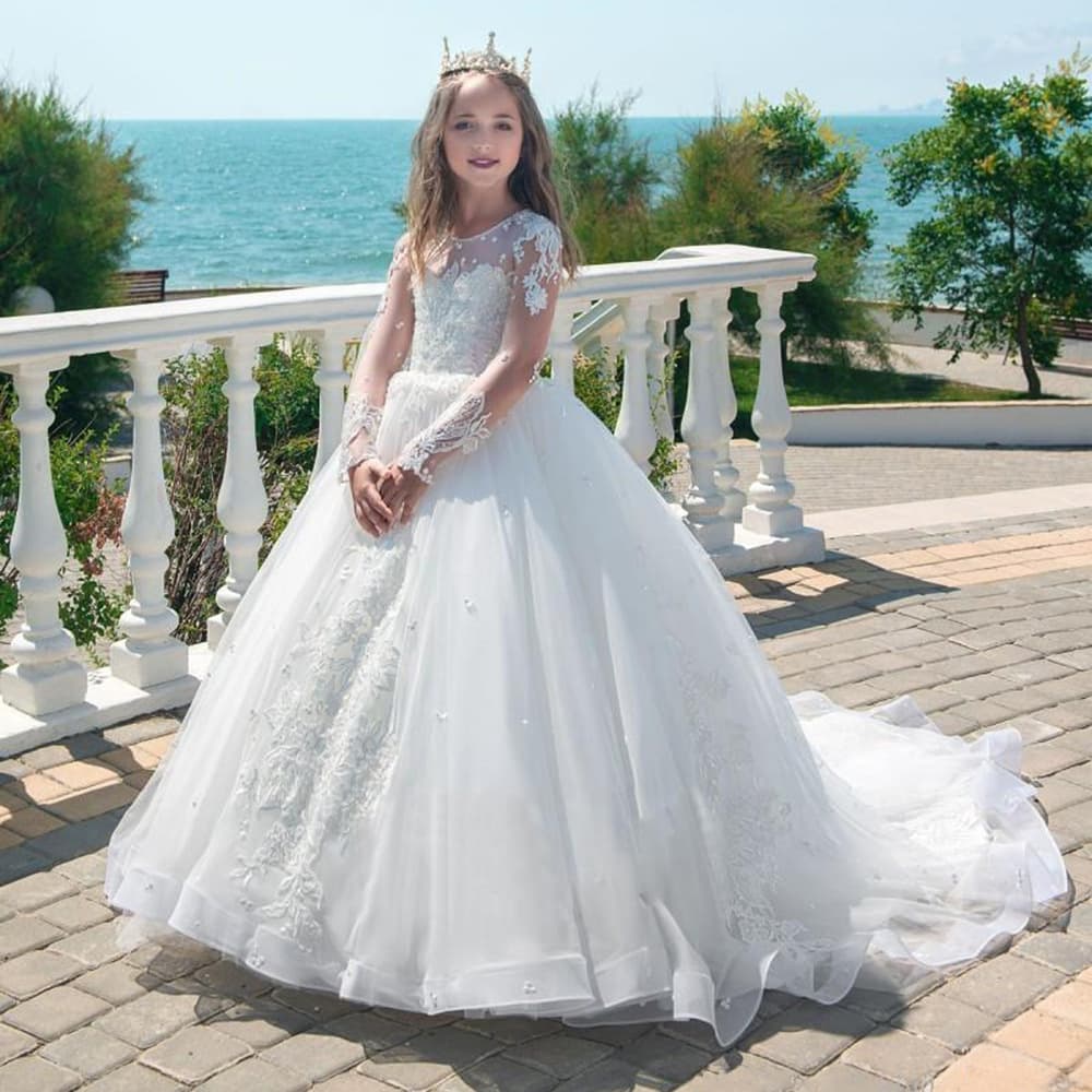 Amazon Export Children's Formal Dress Long Sleeve Girls Wedding Dress Tutu Princess Dress Lace Birthday Flower Girl Runway Gown
