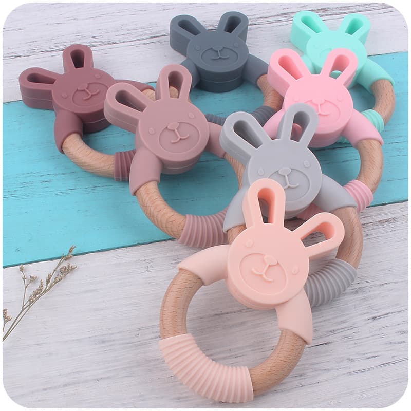 Baby Teether Silicone Animal Wood Ring Teether Chewing Rattle Beech Wood Cartoon Animal Rabbit Bracelet Teether