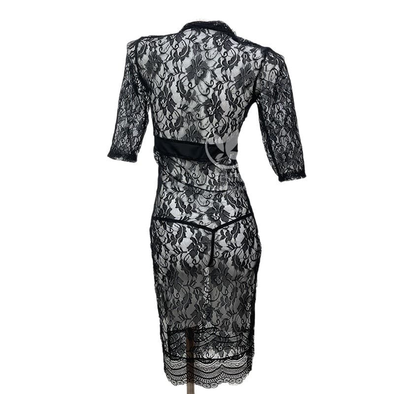 Hua Qing Hai Sexy Lingerie Lace Mesh Dress Deep V Low Cut Strap Slip Sleepwear Home Pajamas Plus Size A038