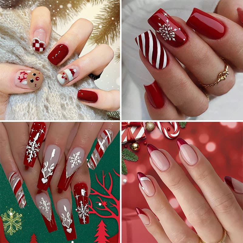 Christmas Wearable Nails Holiday Long Nails Removable Fake Nail Patches Santa Claus Snowflake Manicure
