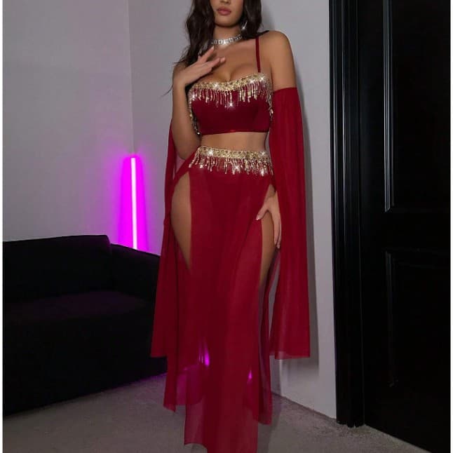 New Cross-Border Trade European and American Style Sexy Lingerie for Women with Rhinestone Fringe Decorative Chain Dance Costume Set