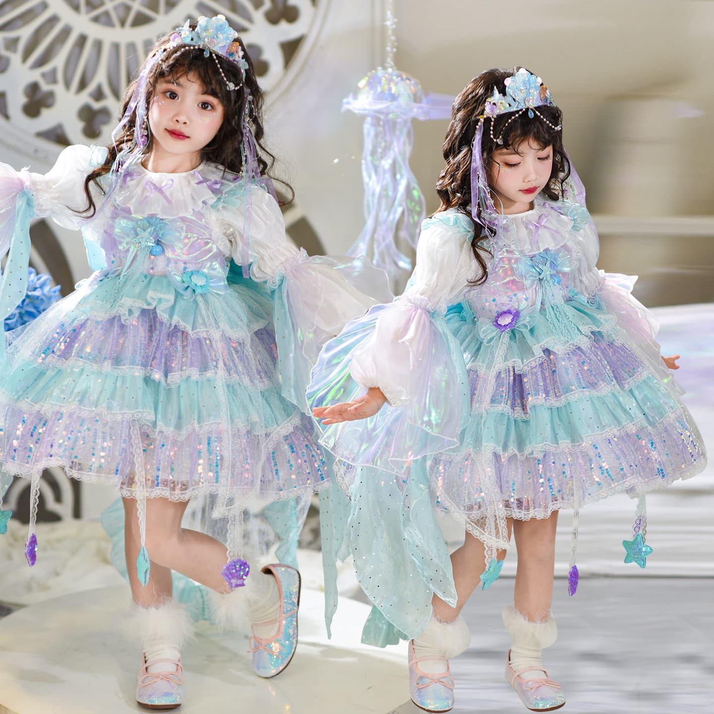 Girls' Mermaid Cake Dress 2026 Spring and Summer New Style Kidsren's Lolita Princess Dress Fluffy Gauze Birthday Dress