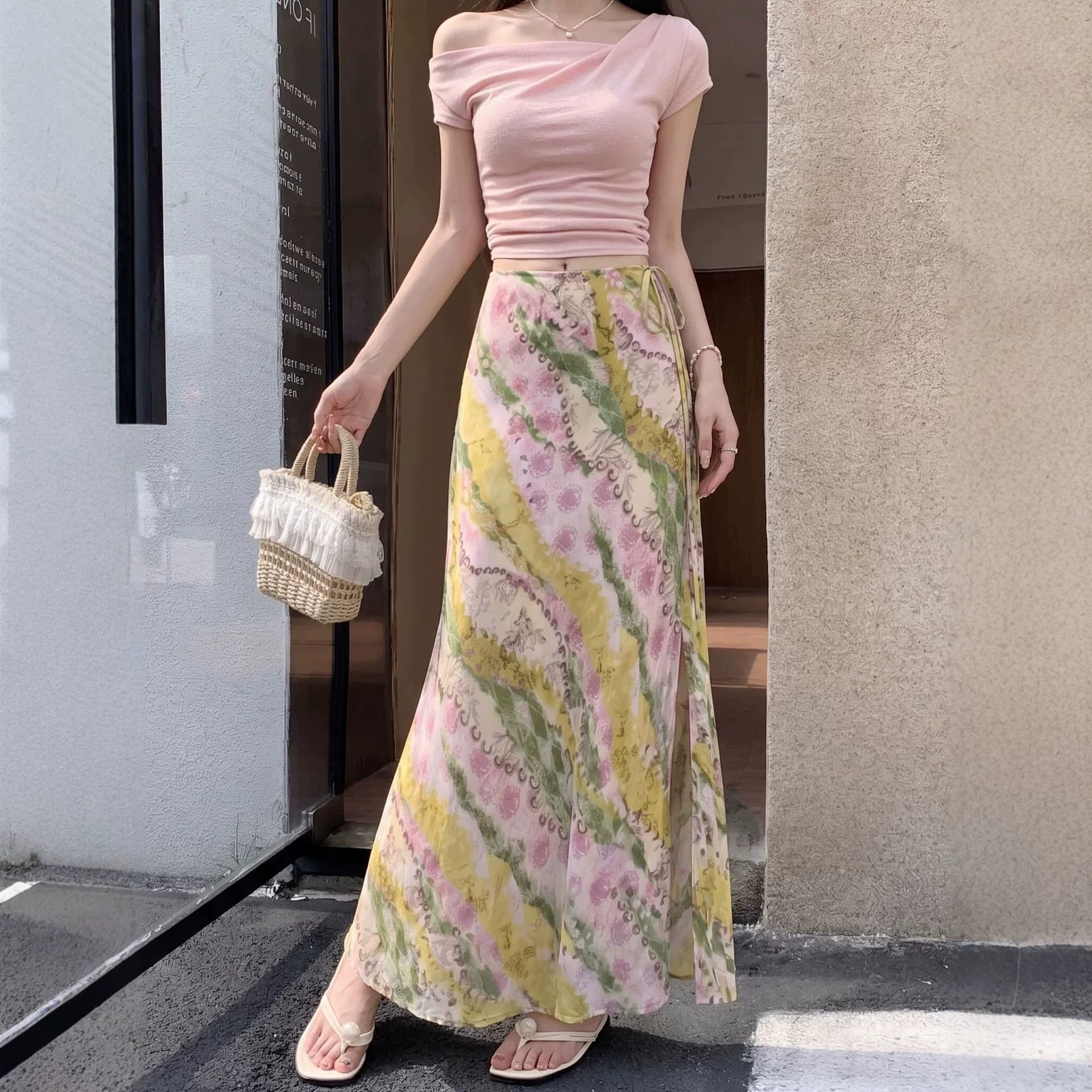 Bohemian Print Chiffon Skirt for Women, Summer High-Waist, Slimming, Elegant Long Skirt, French Style, Versatile, Fitted Midi Skirt
