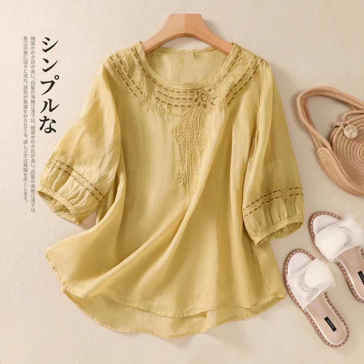 Women's Seven-Quarter Sleeve Round Neck Loose Casual Base Shirt Summer Korean Style Plus Size Women's Clothing Age-Reducing T-Shirt Slimming T-Shirt