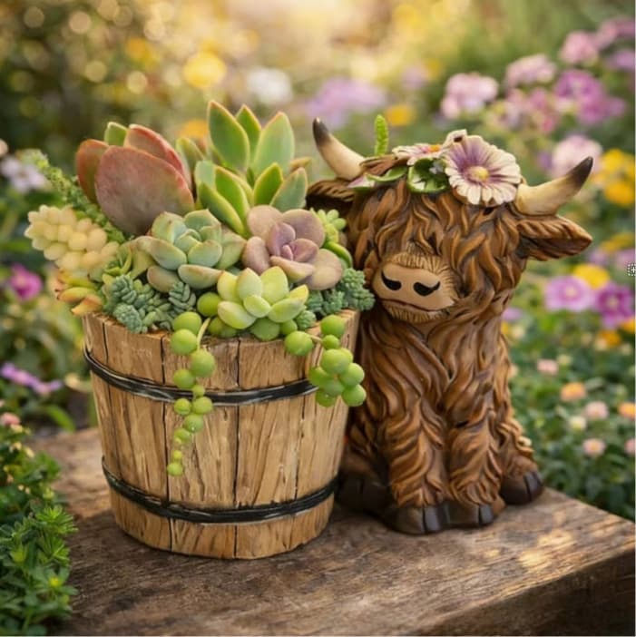Cross-border New Highland Cow Flower Pot with Bucket Resin Craft Garden Yard Home Fun High-value Decoration