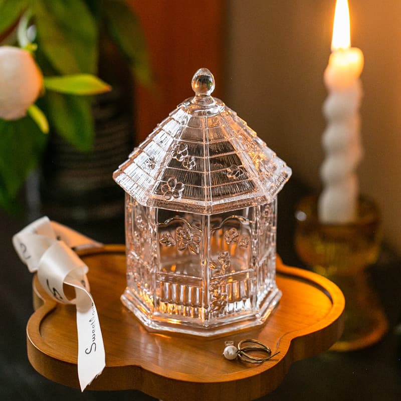 Glass Greenhouse Storage Canister, Cotton Swab Holder, Jewelry Box, Sugar Jar with Embossed Butterflies and Flowers for Kitchen Storage