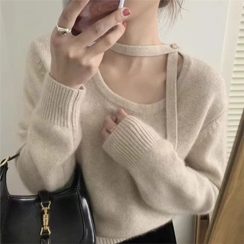 Round neck knit sweater 2025 new style base layer autumn/winter ribbon design fashionable spring/autumn short top.