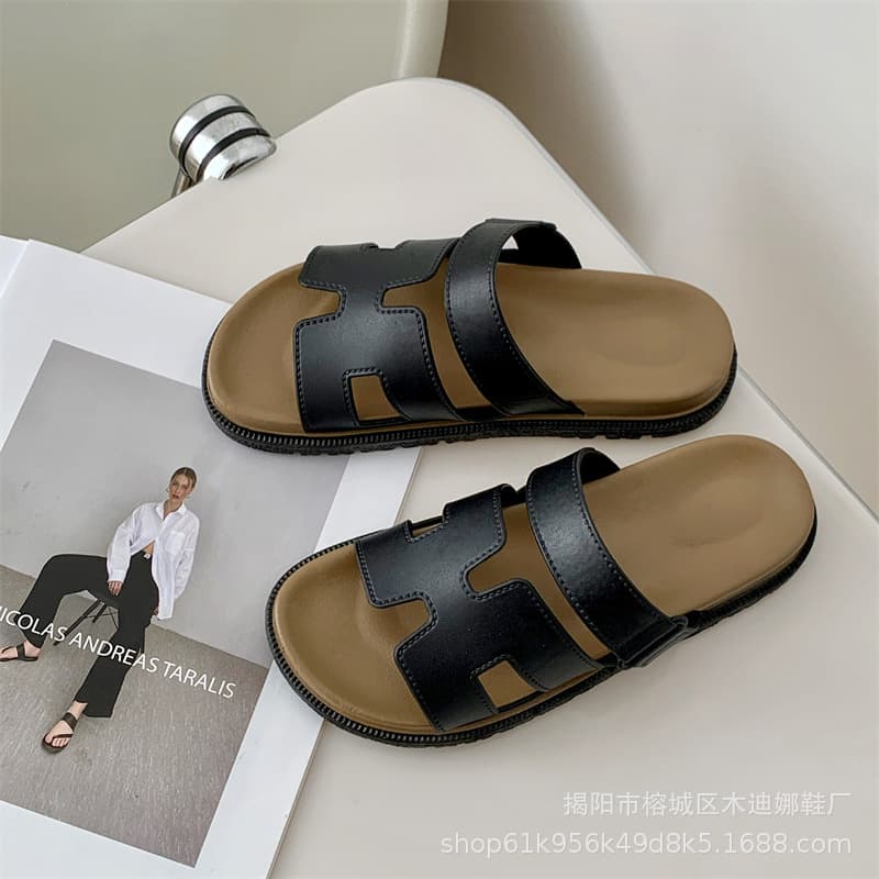 Trendy Pleated High-Heel Slippers for Women 2024 Summer New Thick-Soled Casual Fashion Slide Sandals
