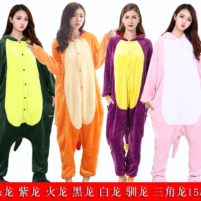 Autumn/winter Fleece Dinosaur Animal One-piece Pajamas For Men Women Purple Dragon Little Fire Dragon Black Cartoon Homewear