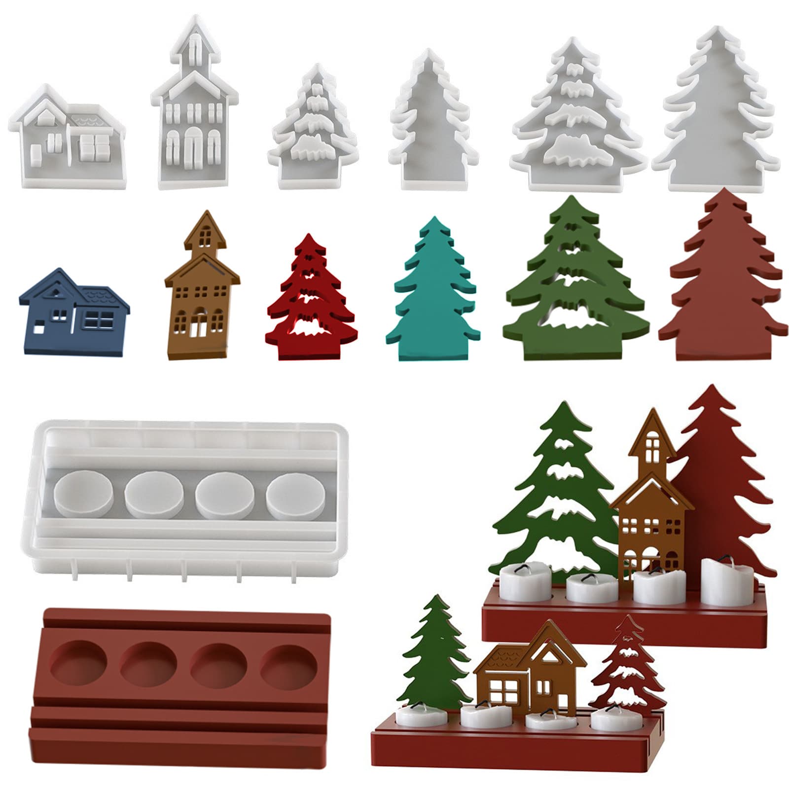 Christmas House Insert Candle Holder Base Resin Silicone Mold, Epoxy DIY Christmas Tree Insert Home Decoration